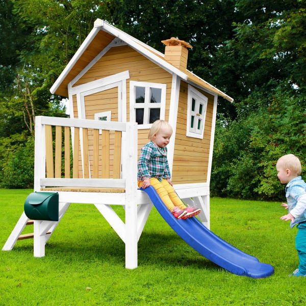 Axi Robin Spielhaus Braun - Weiß mit Blauer Rutsche 177 x 264 x 203 cm