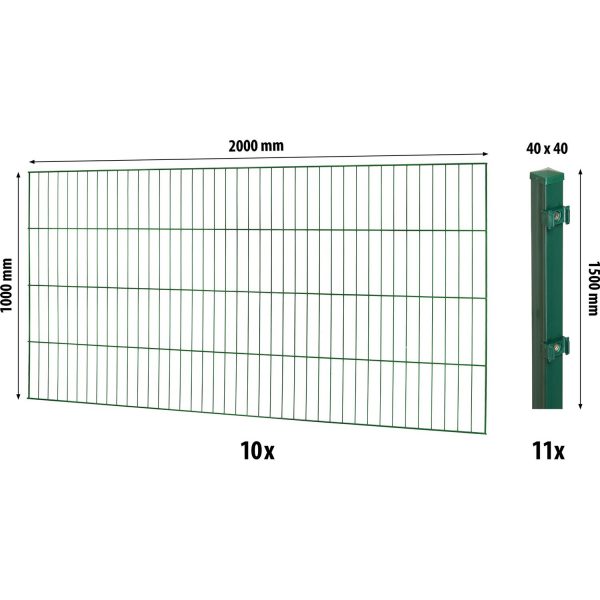 Floraworld Einstabmatten-Zaunset mit Vierkantpfosten Grün 100 cm x 2000 cm