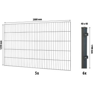 Floraworld Einstabmatten-Zaunset mit Vierkantpfosten Anthrazit 125 cm x 1000 cm