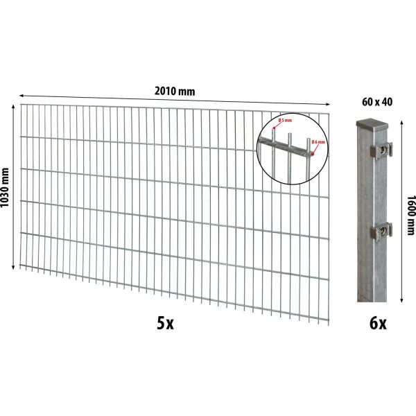 Floraworld Doppelstabmatten-Zaunset mit Pfosten 6 x 4 cm Verzinkt 103 x 1000 cm