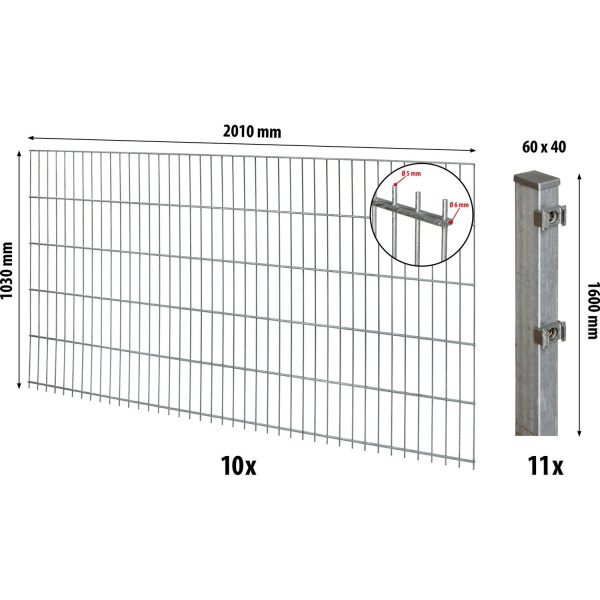 Floraworld Doppelstabmatten-Zaunset mit Pfosten 6 x 4 cm Verzinkt 103 x 2000 cm