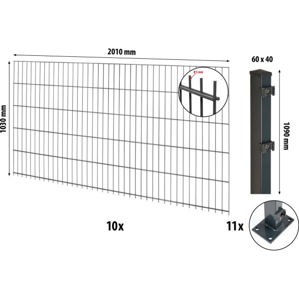 Floraworld Doppelstabmatten-Zaunset mit Bodenplatte Anthrazit 103 cm x 2000 cm