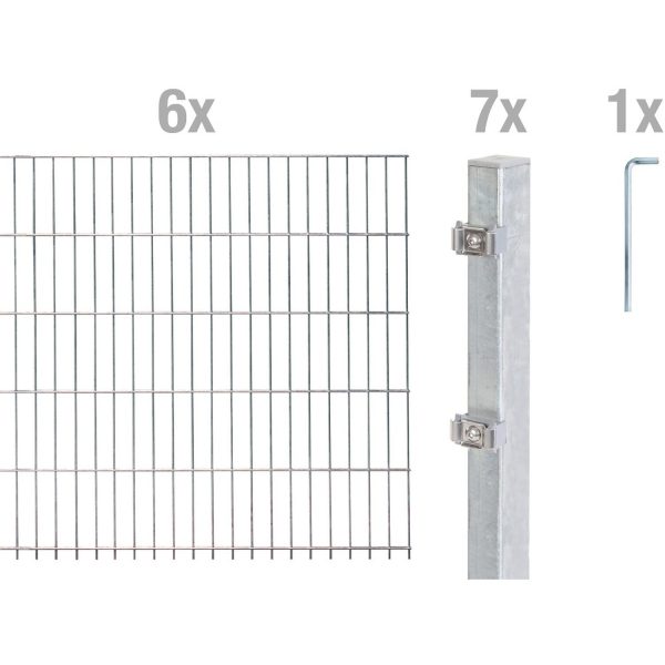 Metallzaun Grund-Set Doppelstabmatte feuerverzinkt 6 x 2 m x 1 m